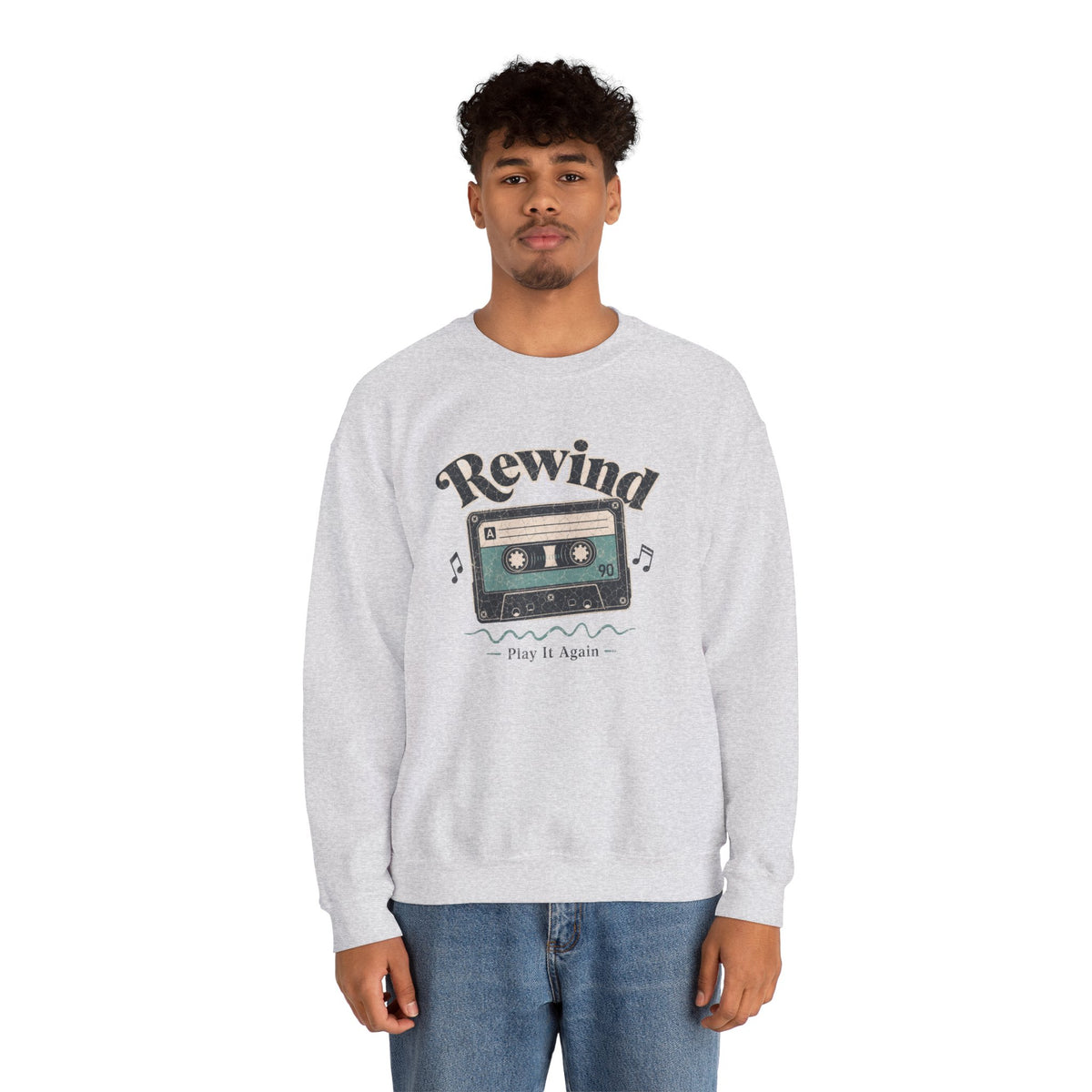 Retro Cassette Tape Sweatshirt - Ash - On Model Male