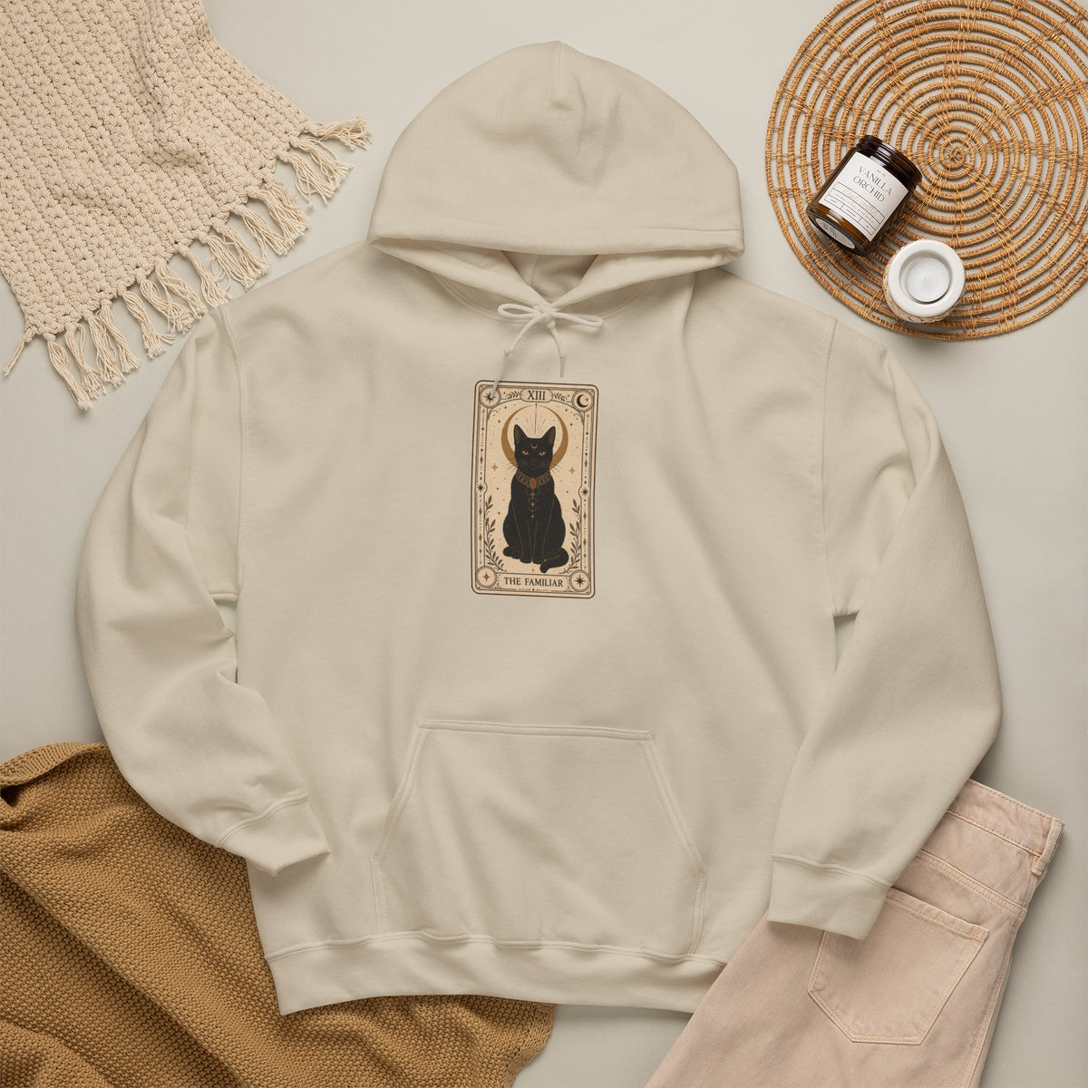 Black Cat Tarot Card Hoodie - Sand - flat lay