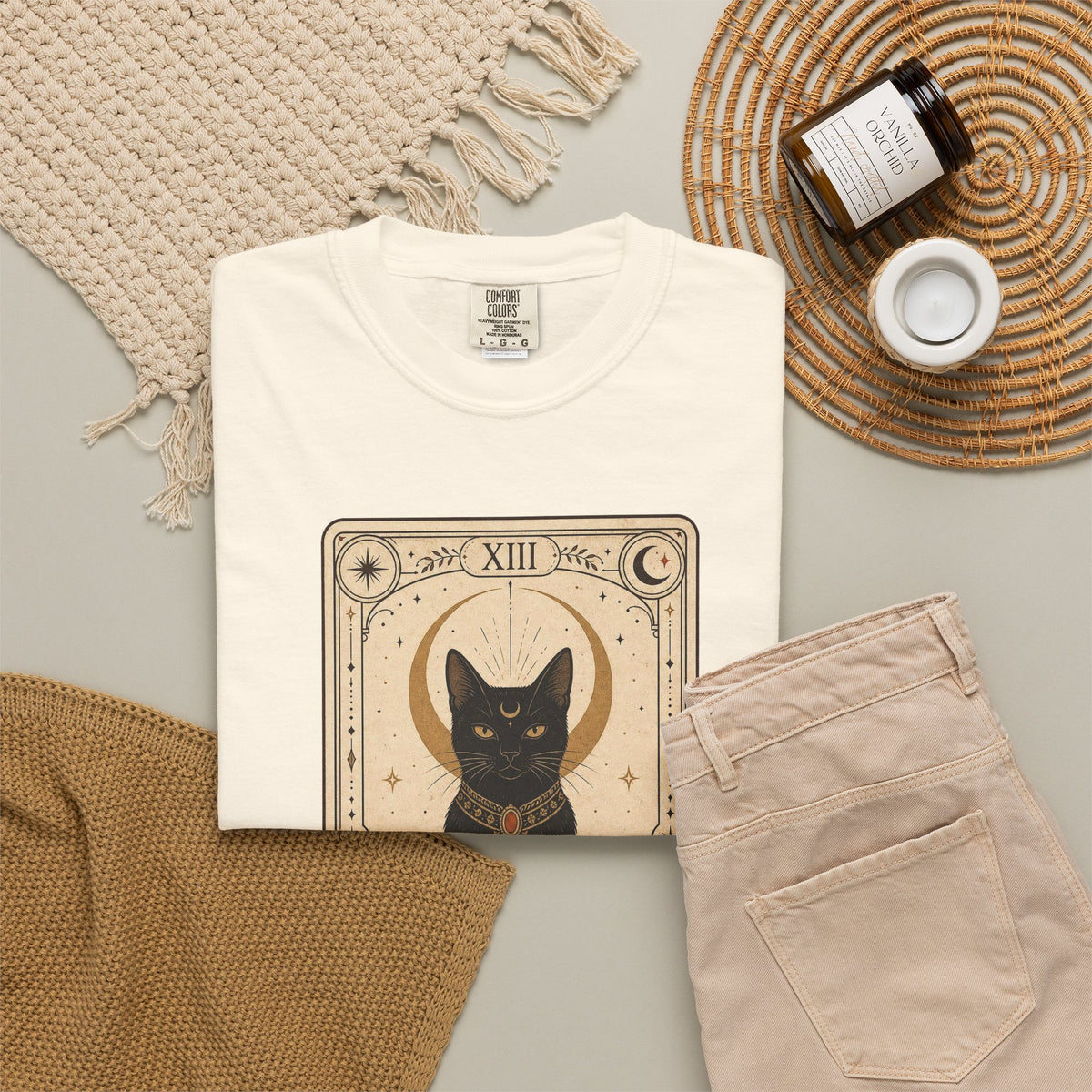 Black Cat Tarot Card T-shirt - Ivory - flat lay