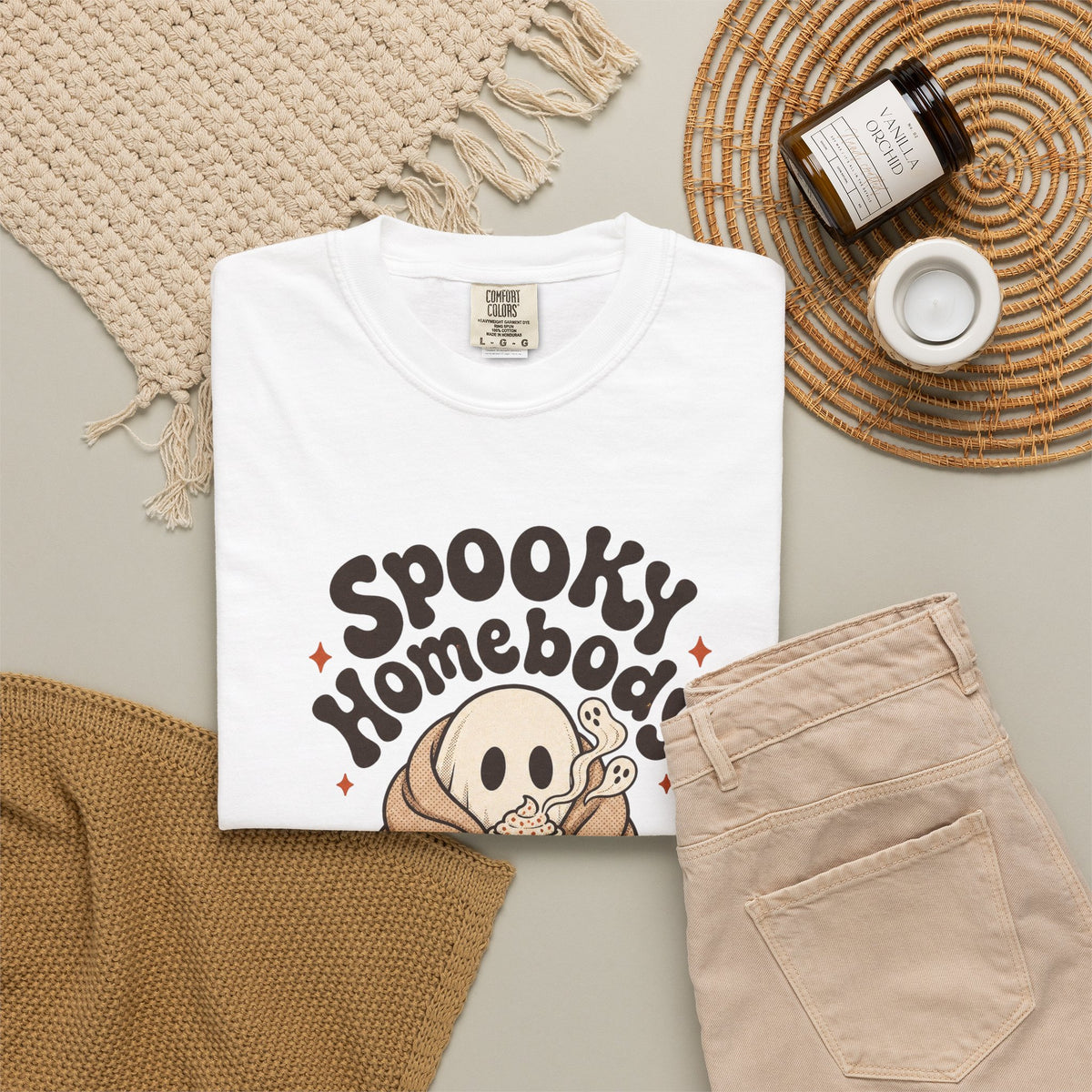 Spooky Homebody Ghost  T-Shirt - White - Flat Lay