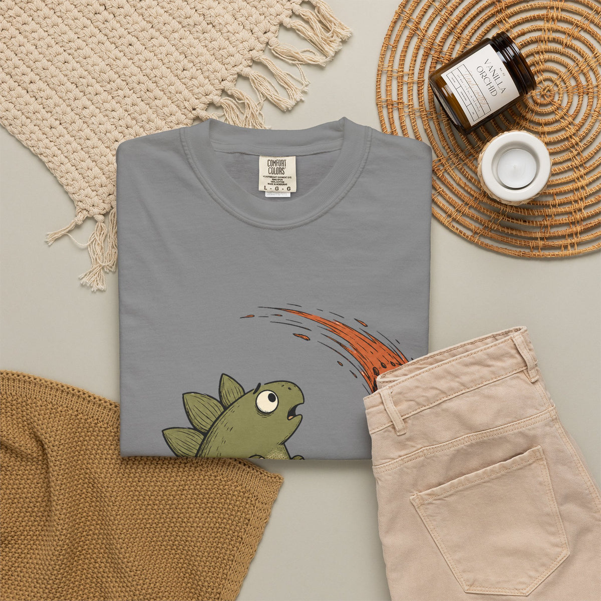 Emotionally I'm the Meteor Dinosaur T-shirt - Grey - Flat Lay