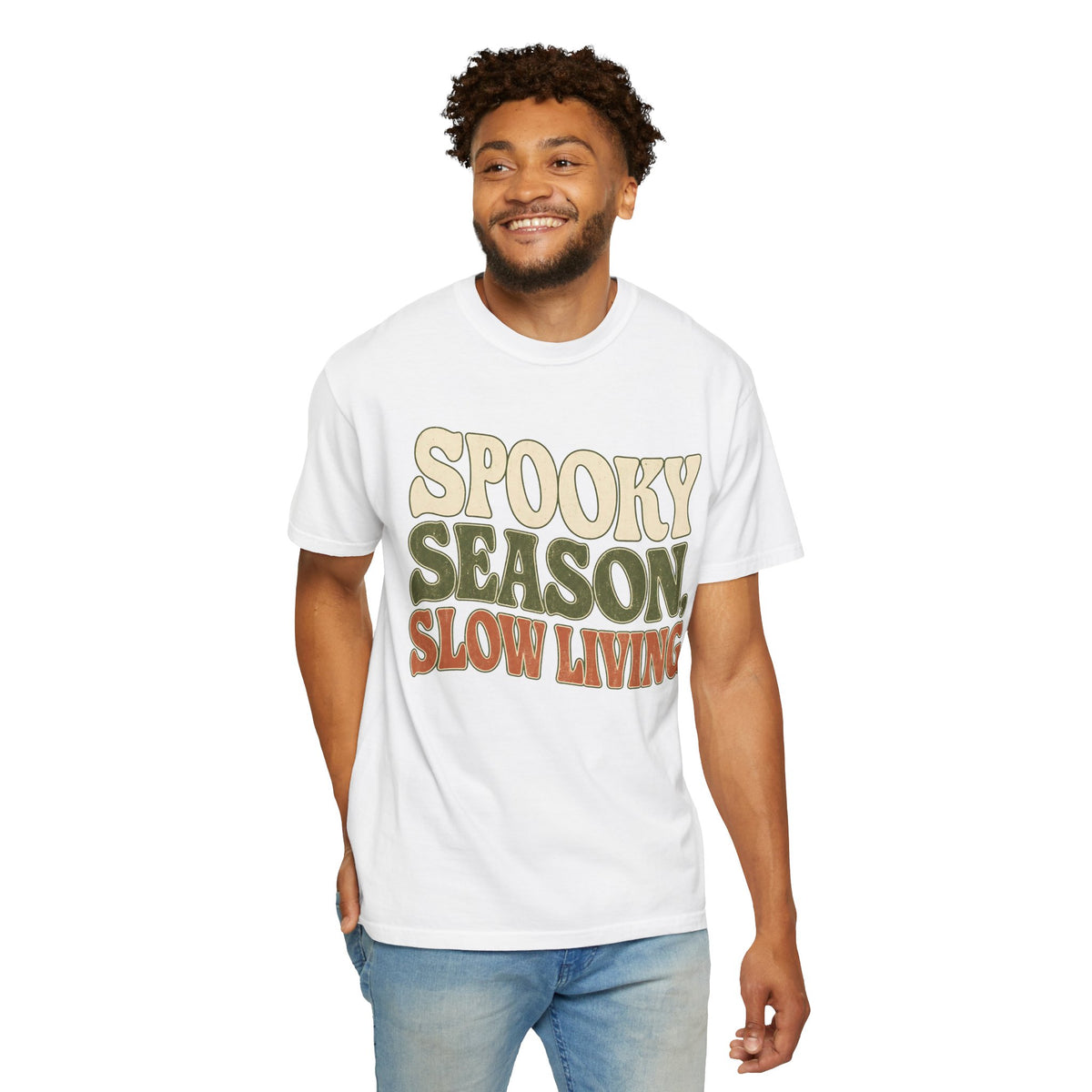 Spooky Season Slow Living T-shirt - White - On Model Front