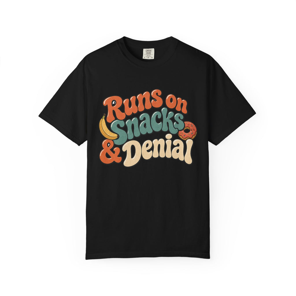 Runs on Snacks & Denial T-Shirt - Black - on model side