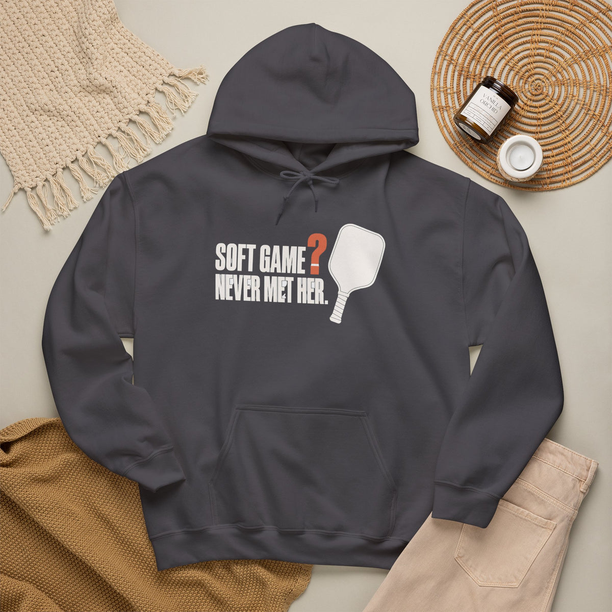 Soft Game? Never Met Her Hoodie - Charcoal - Flat Lay