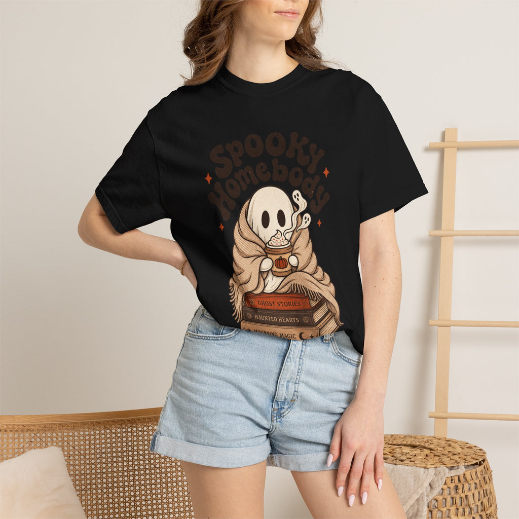 Spooky Homebody Ghost  T-Shirt - Black - on model close-up