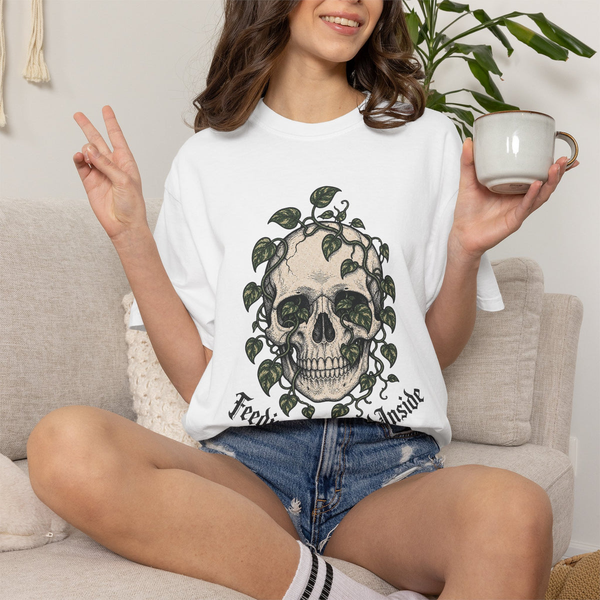 Skull with Ivy Leaves T-shirt - White - On Model Female