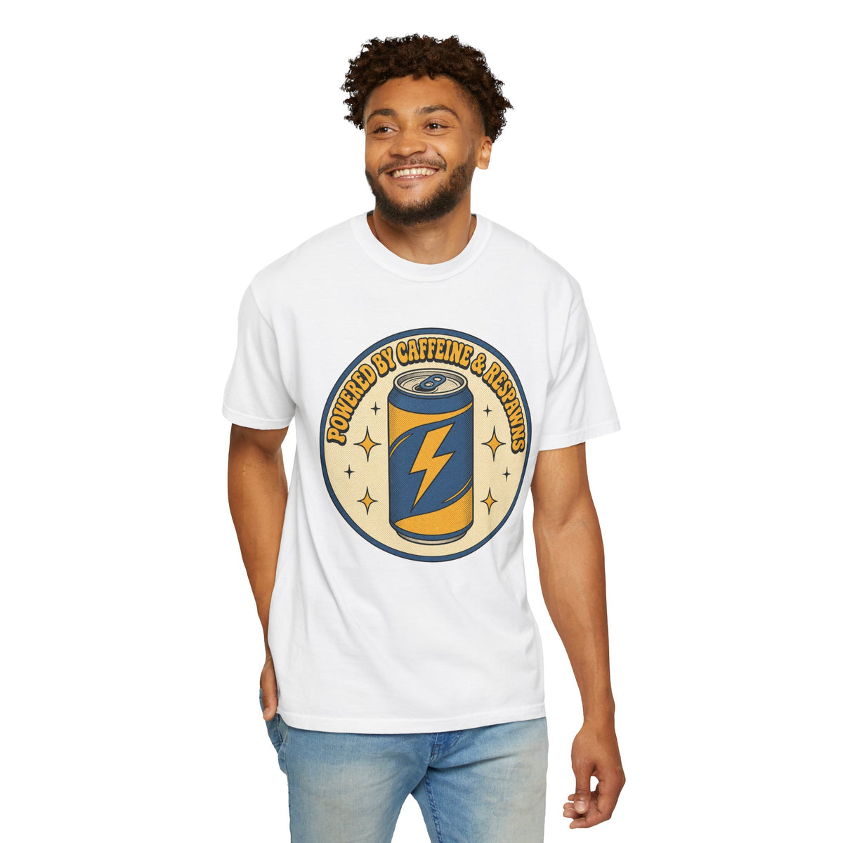 Caffeinated Energy Can T-shirt - White - On Model Front