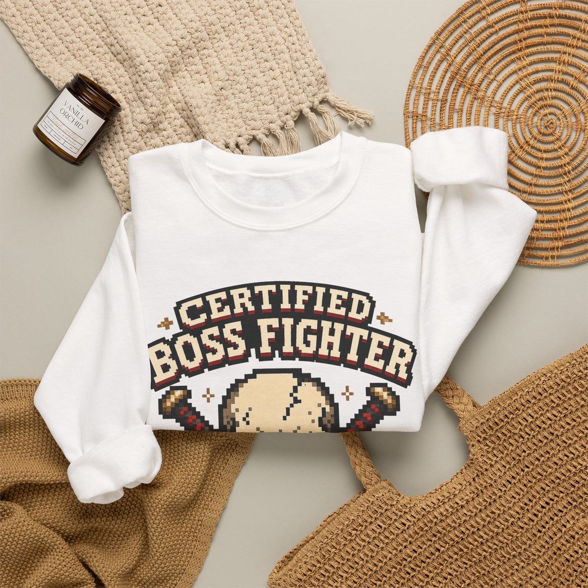 Certified Boss Fighter Sweatshirt - White - Flat Lay