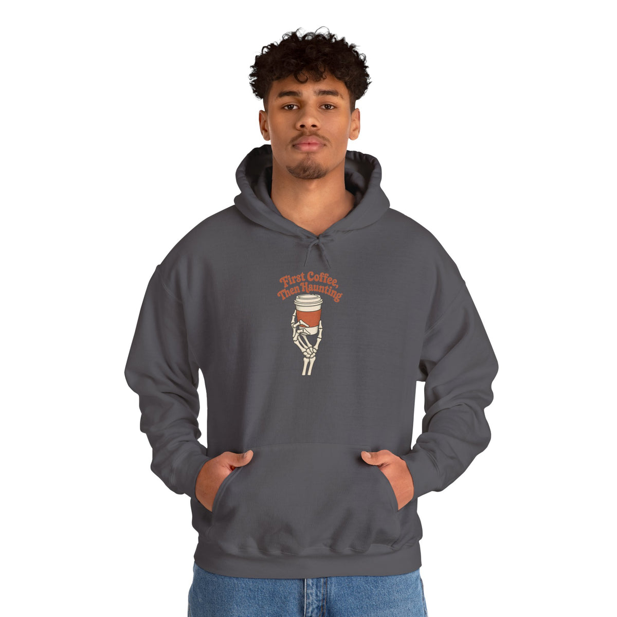 First Coffee Then Haunting Hoodie - Charcoal - On Model Male