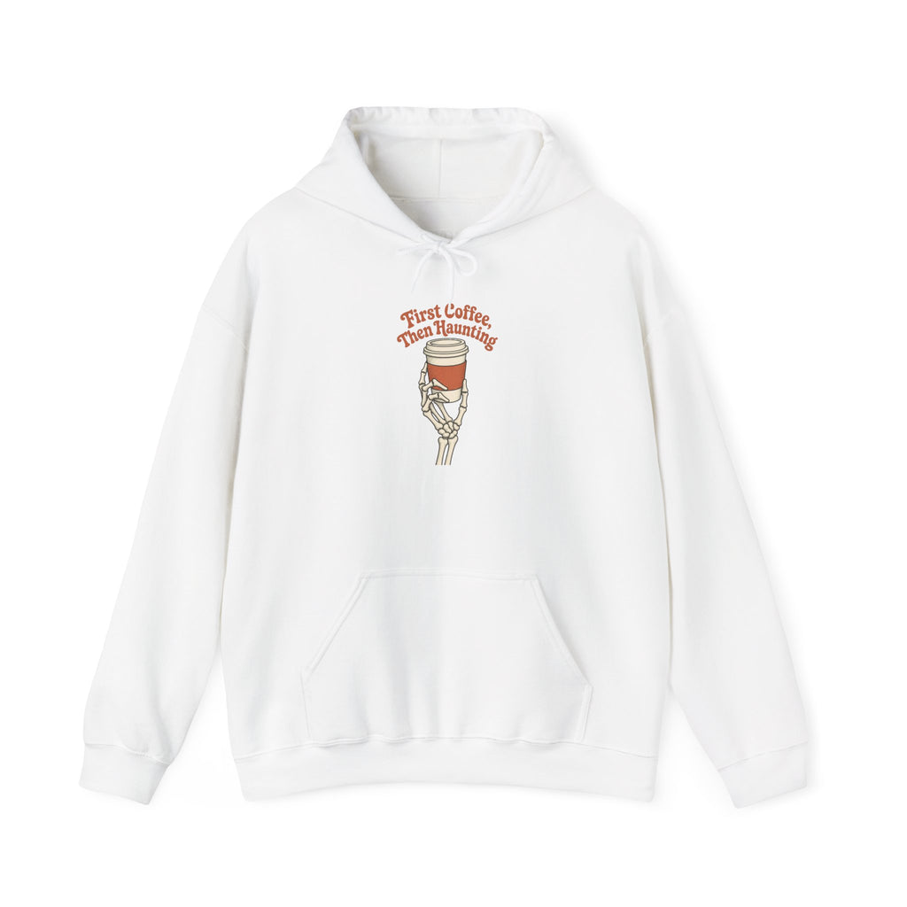 First Coffee Then Haunting Hoodie - White - Flat Lay