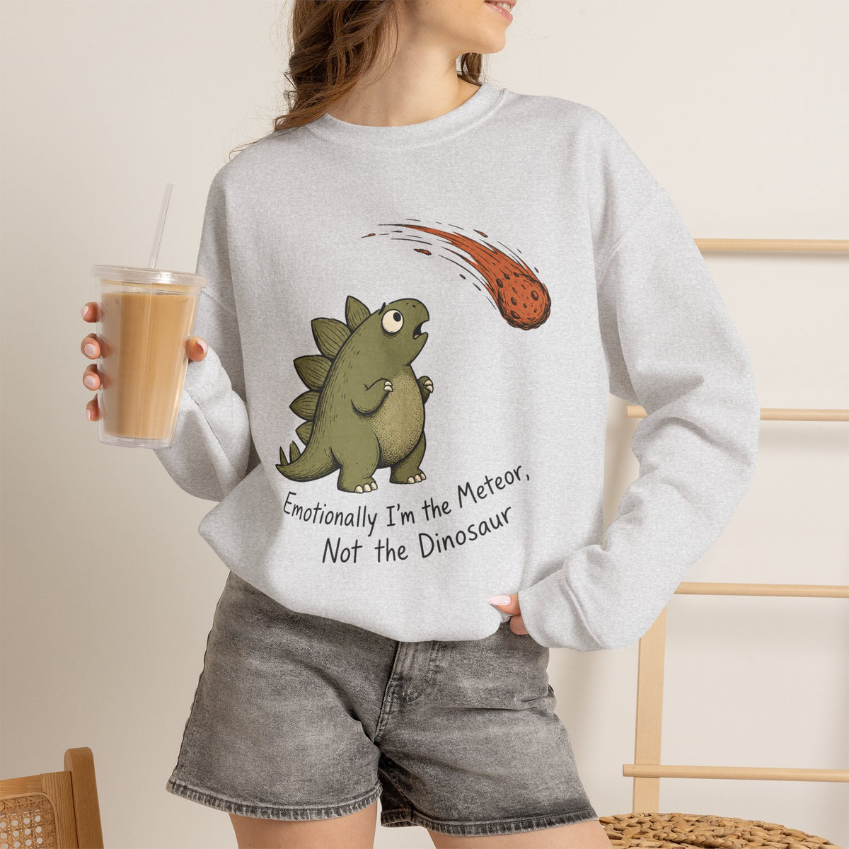 Emotionally I’m the Meteor Dinosaur Sweatshirt - Ash - On Model Female