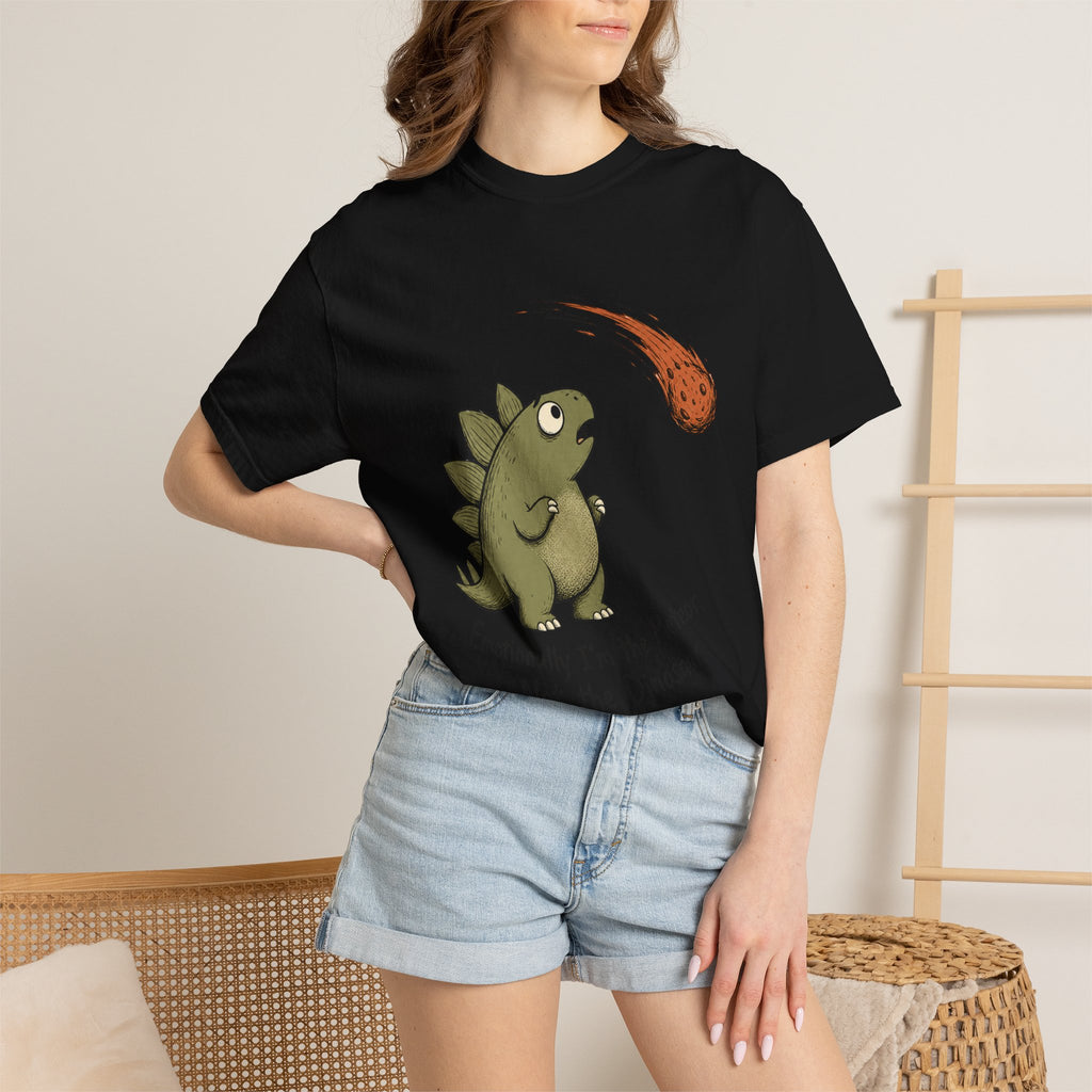 Emotionally I'm the Meteor Dinosaur T-shirt - Black - On Model Close-Up