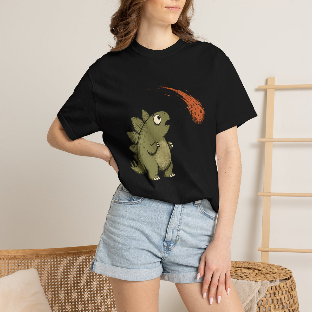 Emotionally I'm the Meteor Dinosaur T-shirt - Black - On Model Close-Up