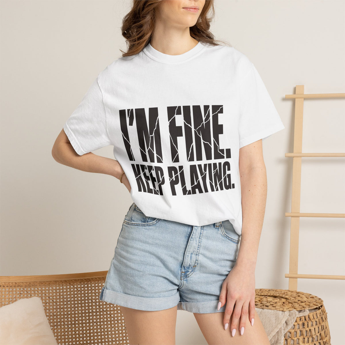 I'm Fine. Keep Playing. T-Shirt - White - On Model Close-Up