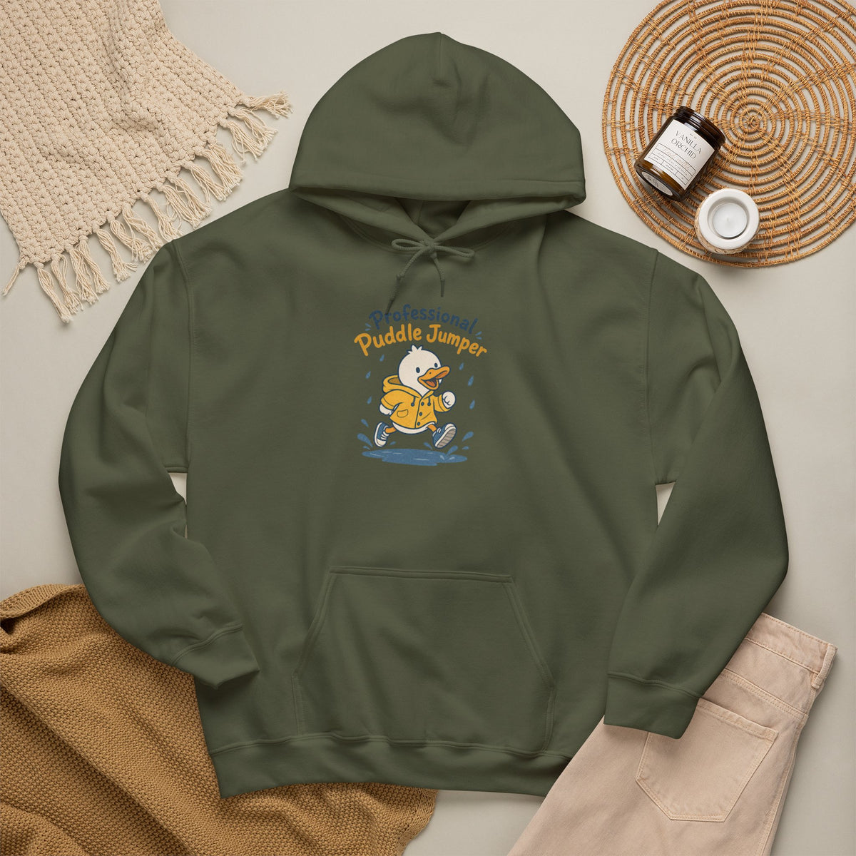 Professional Puddle Jumper Duck Hoodie - Military Green - Flat Lay