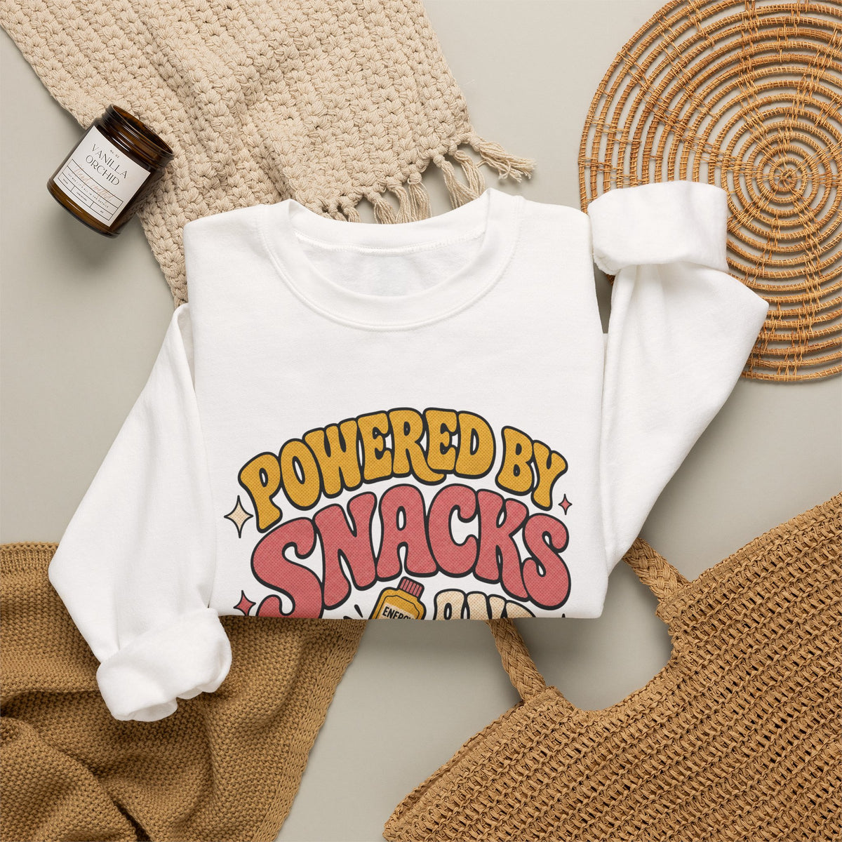 Powered by Snacks and Spite Sweatshirt - White - flat lay