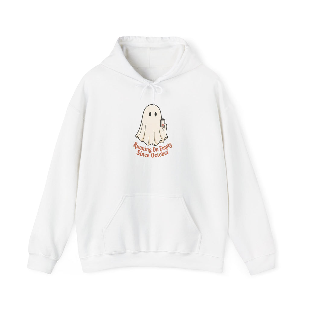 Running On Empty Since October Hoodie - White - Flat Lay