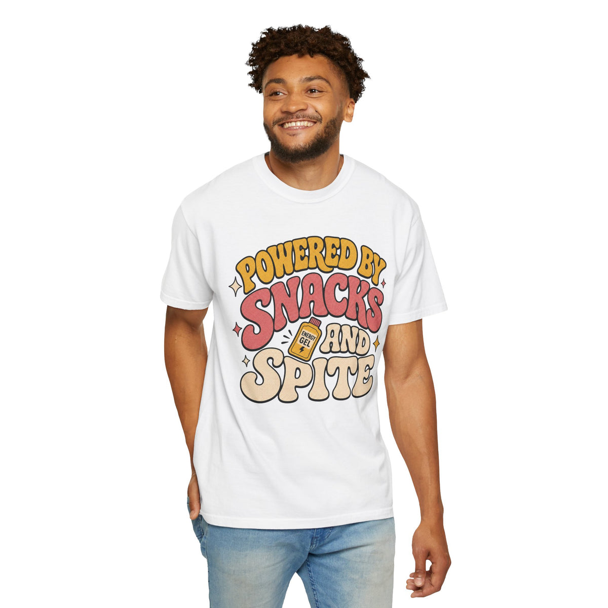 Powered by Snacks and Spite T-shirt - White - on model front