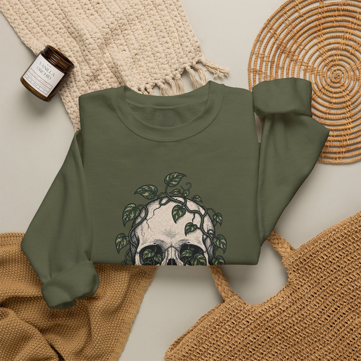Skull with Ivy Leaves Sweatshirt - Military Green - flat lay