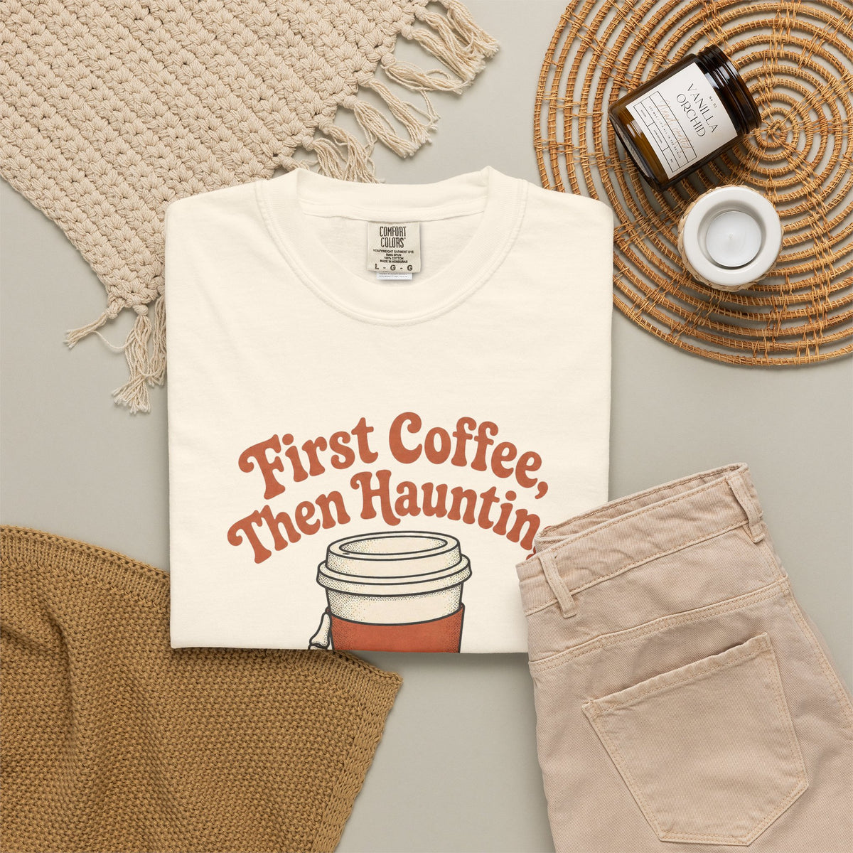 First Coffee Then Haunting T-Shirt - Ivory - Flat Lay