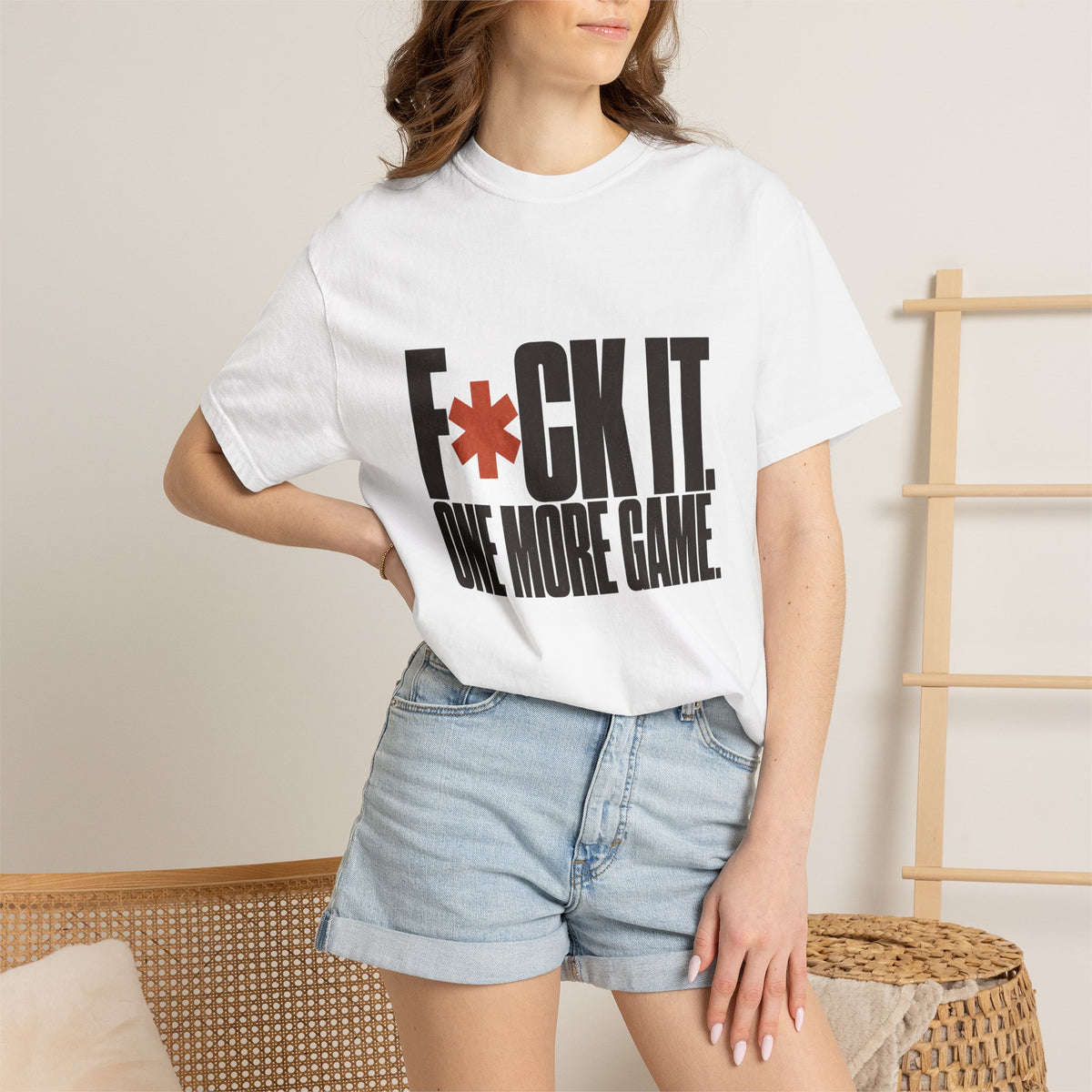 F*ck It. One More Game. T-Shirt - White - On Model Close-Up