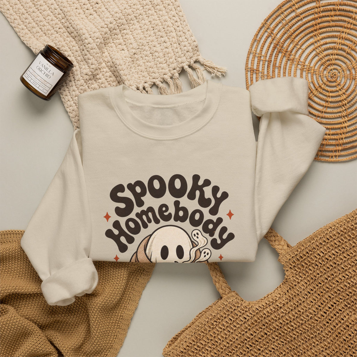 Spooky Homebody Ghost Sweatshirt - Sand - Flat Lay