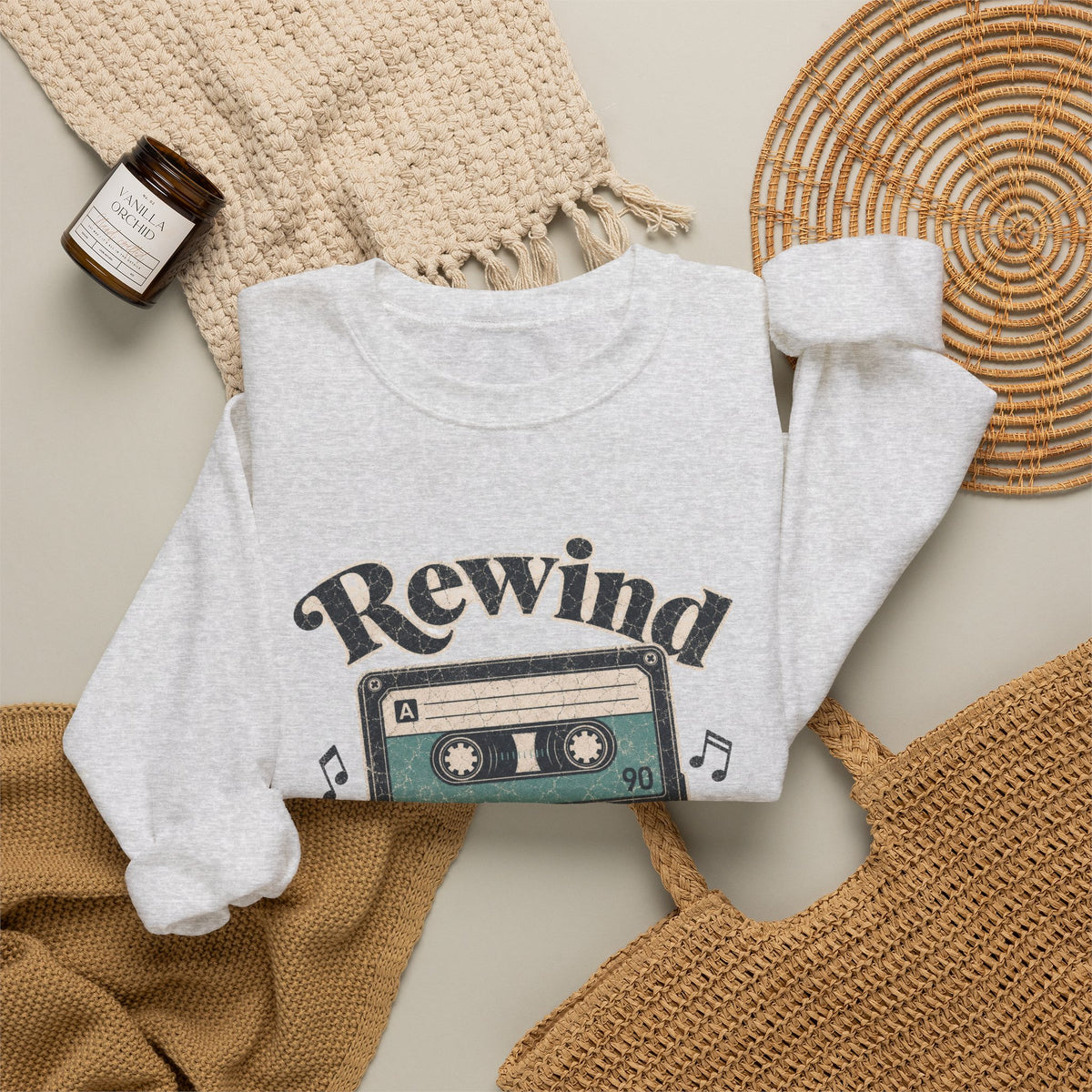 Retro Cassette Tape Sweatshirt - Ash - Flat Lay