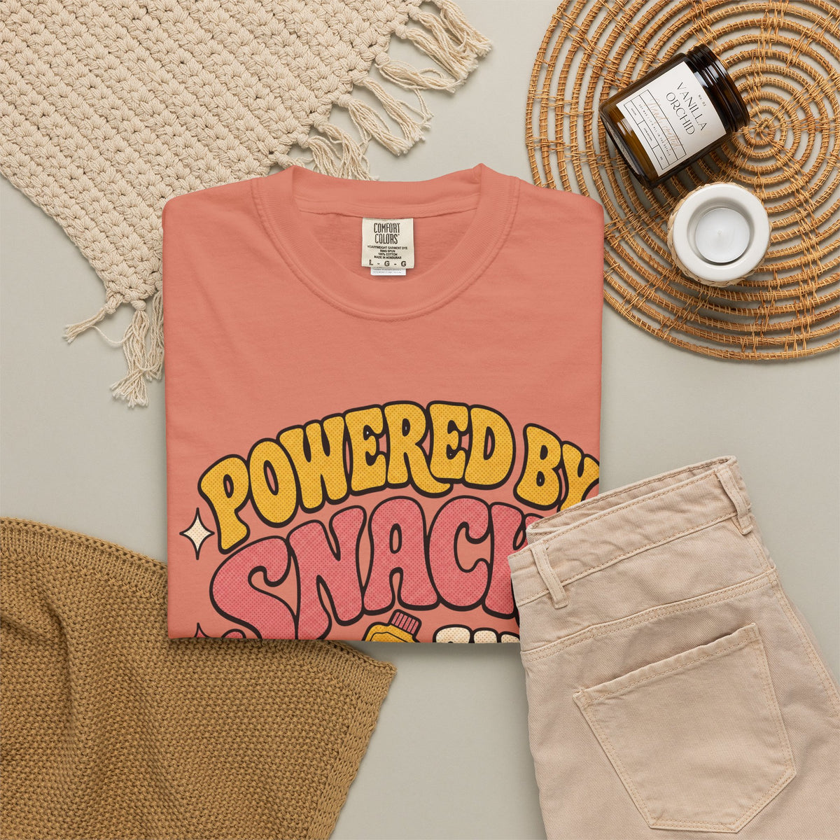 Powered by Snacks and Spite T-shirt - Terracotta - flat lay