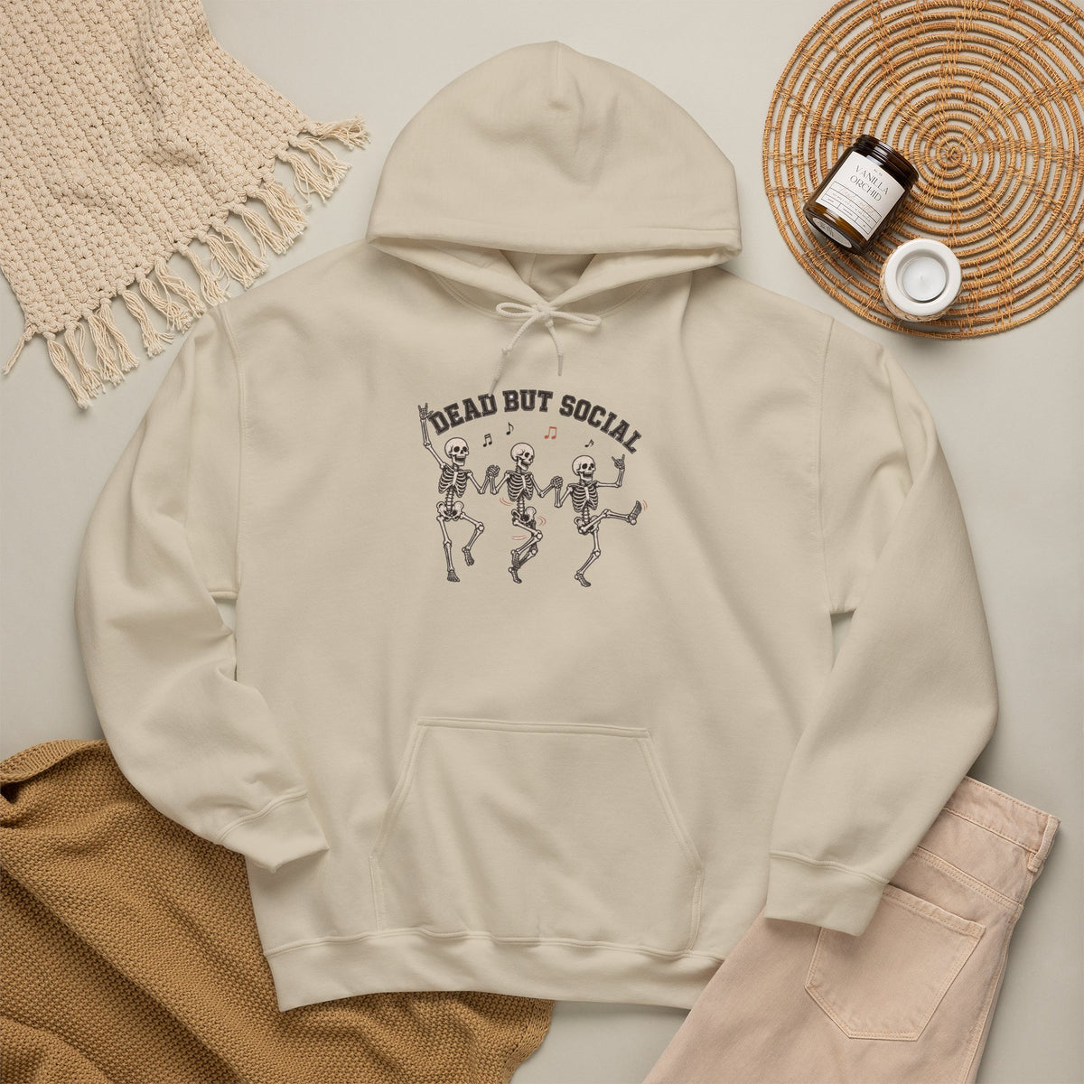 Dead But Social Hoodie - Sand - flat lay