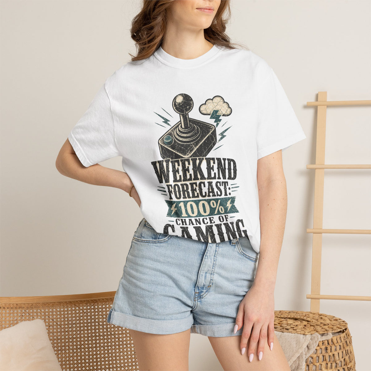 Weekend Forecast 100% Gaming T-shirt - White - On Model Close-Up