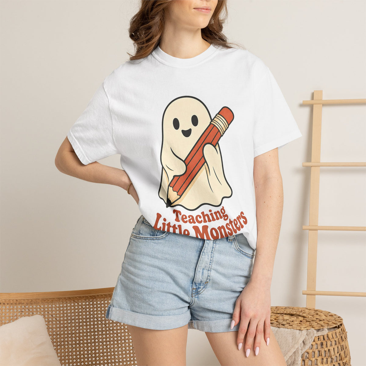 Teaching Little Monsters T-shirt - White - On Model Close-Up