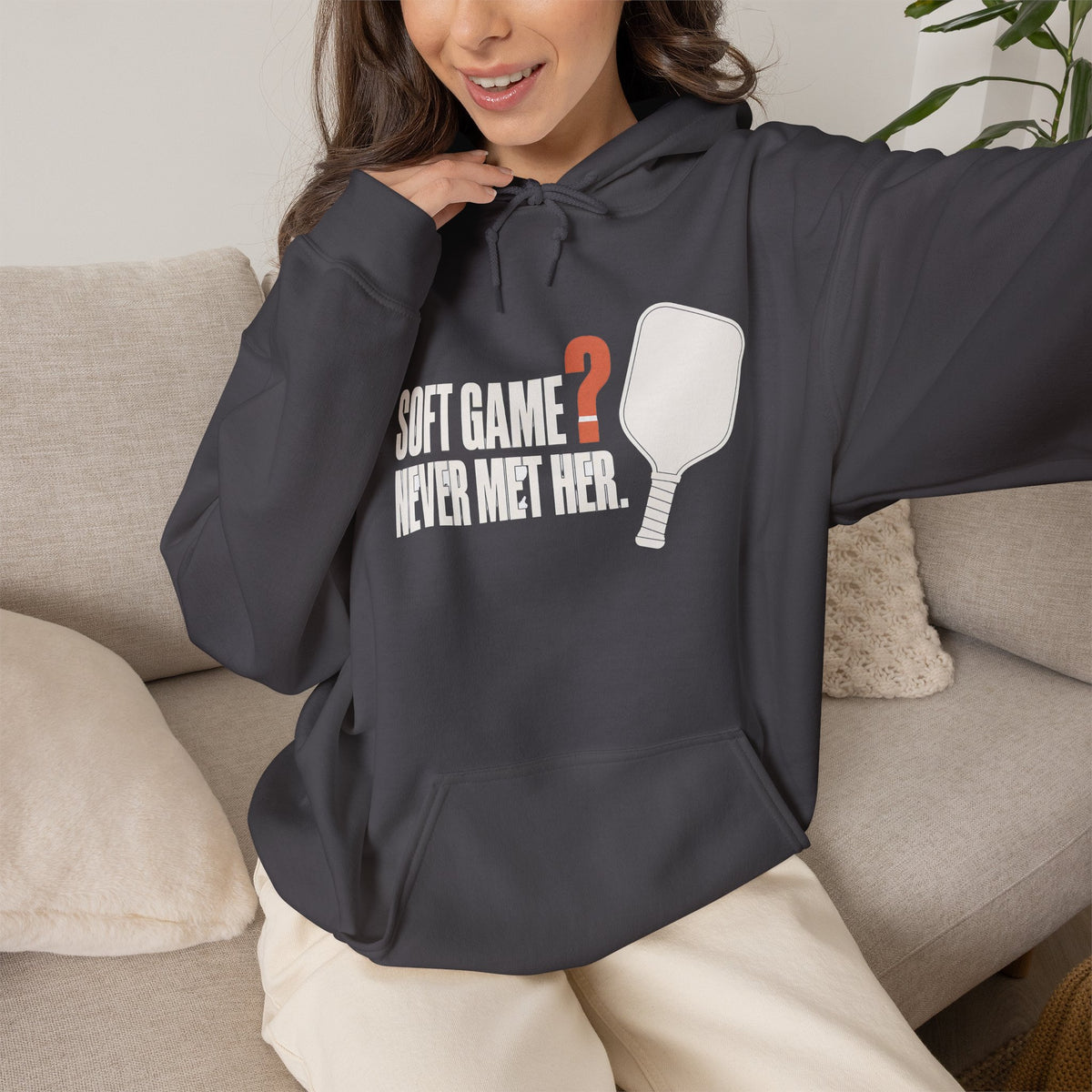 Soft Game? Never Met Her Hoodie - Charcoal - On Model Female