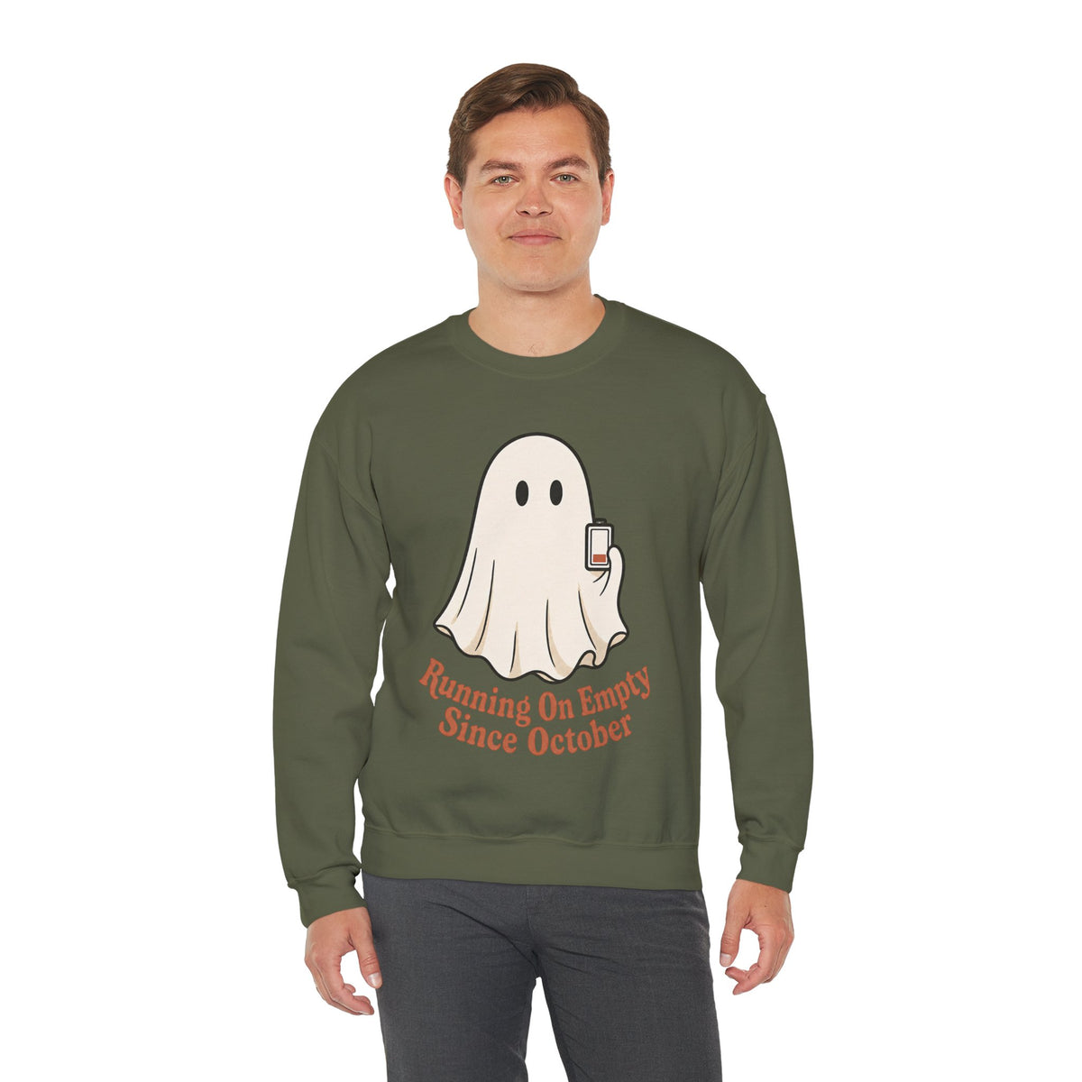 Running On Empty Since October Sweatshirt - Military Green - On Model Male
