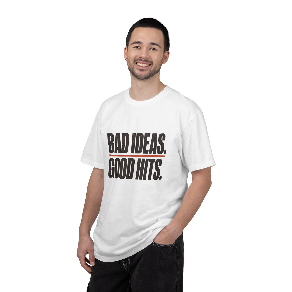 Bad Ideas. Good Hits. T-Shirt - White - On Model Male