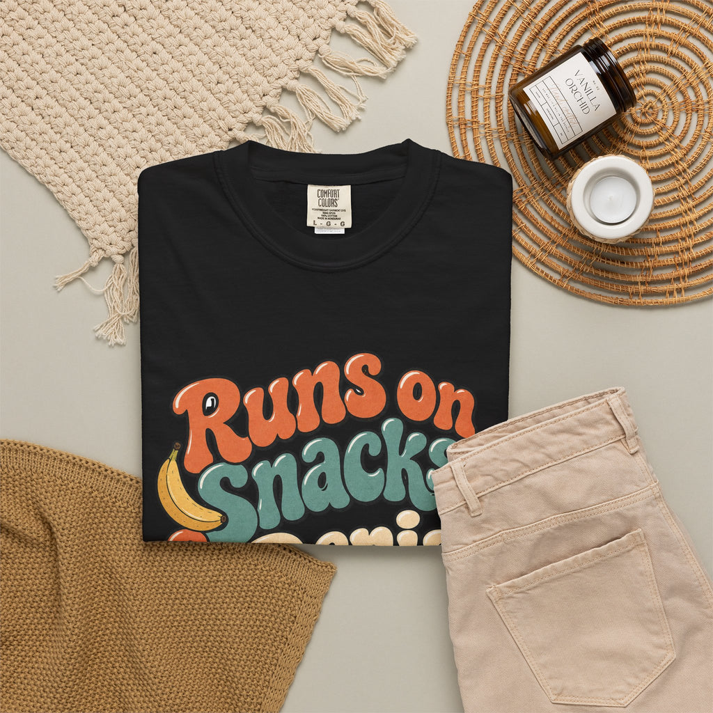 Runs on Snacks & Denial T-Shirt - Black - Flat Lay