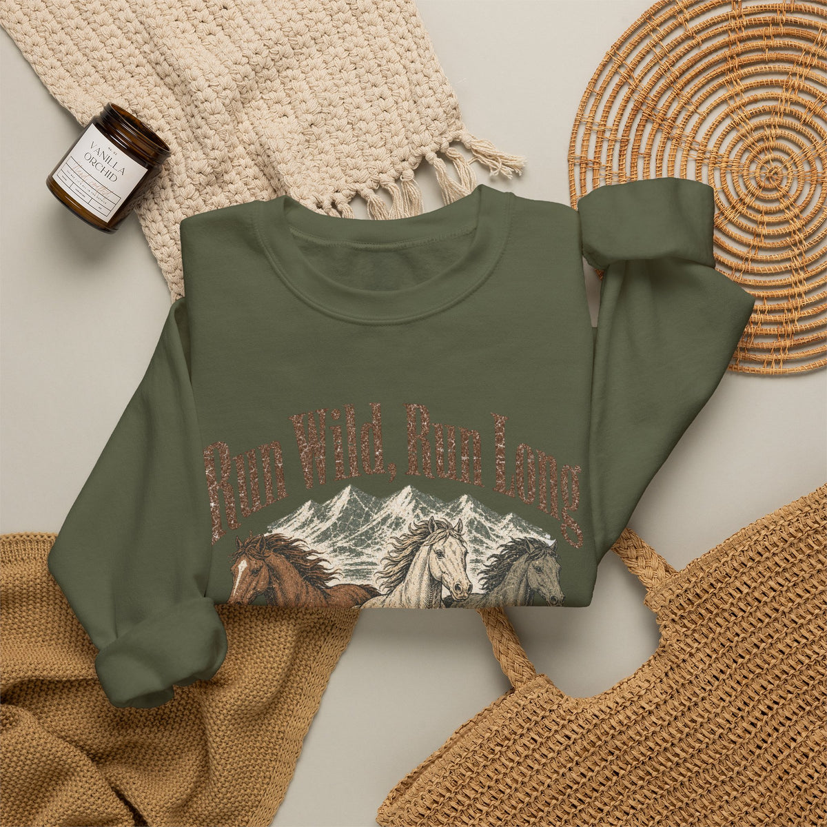 Run Wild Run Long Sweatshirt - Military Green - Flat Lay