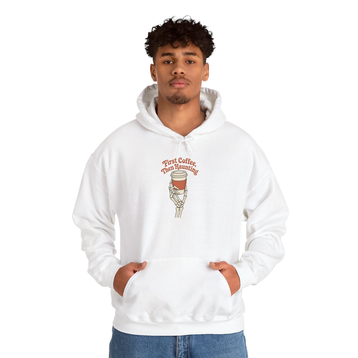 First Coffee Then Haunting Hoodie - White - On Model Male