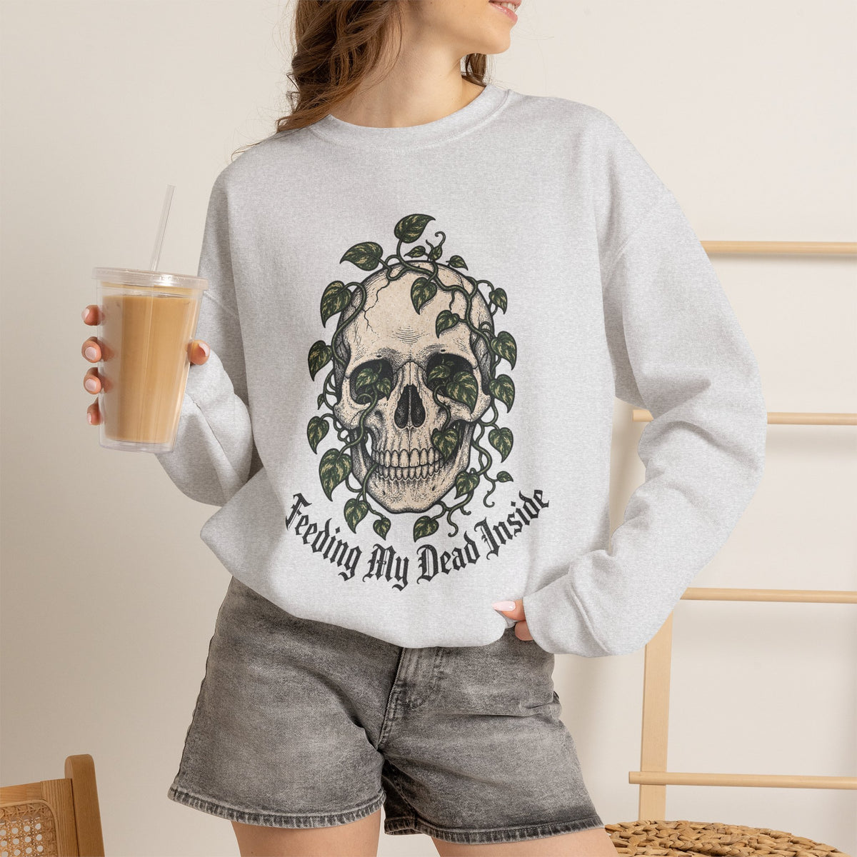 Skull with Ivy Leaves Sweatshirt - Ash - on model female