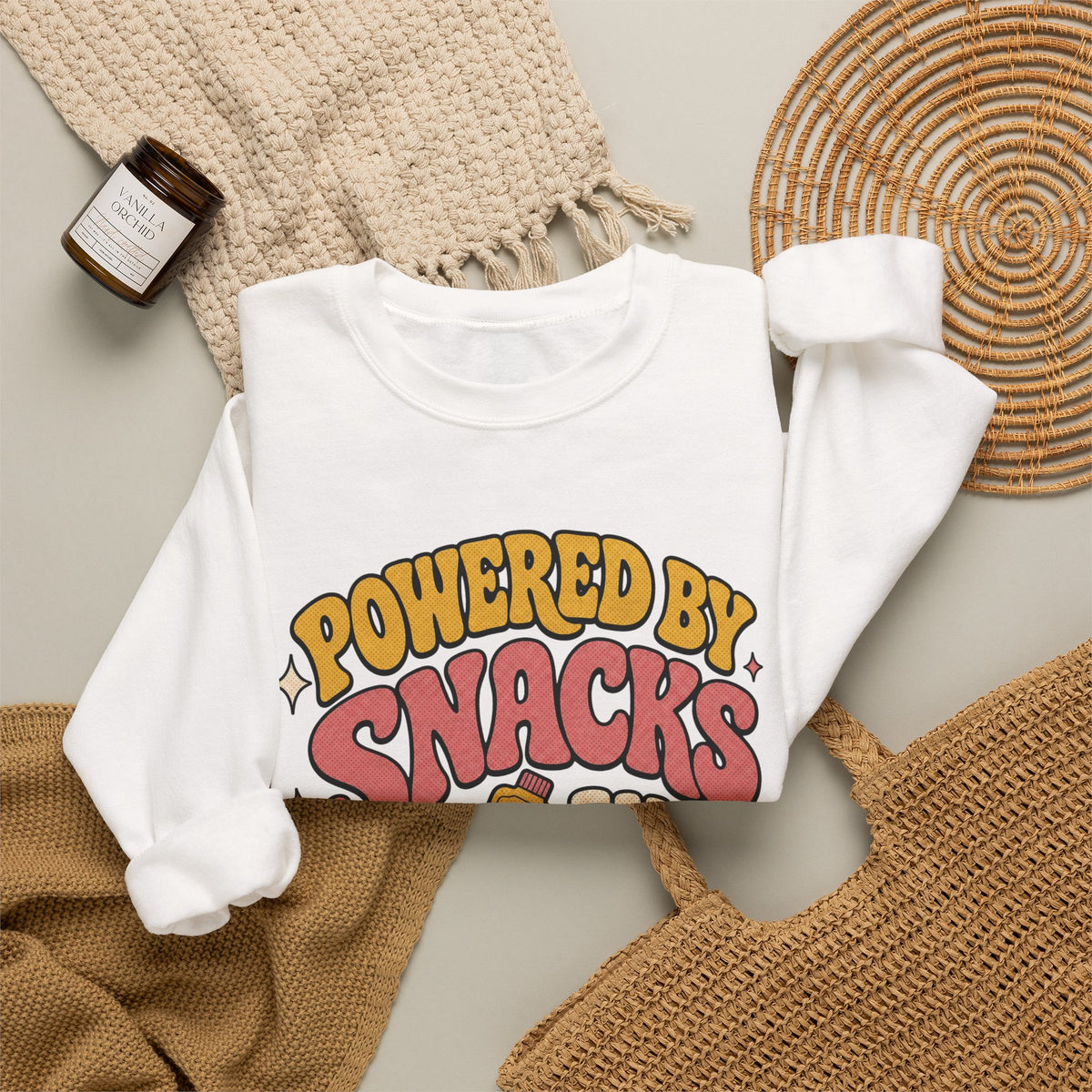 Powered by Snacks and Spite Sweatshirt - White - Flat Lay