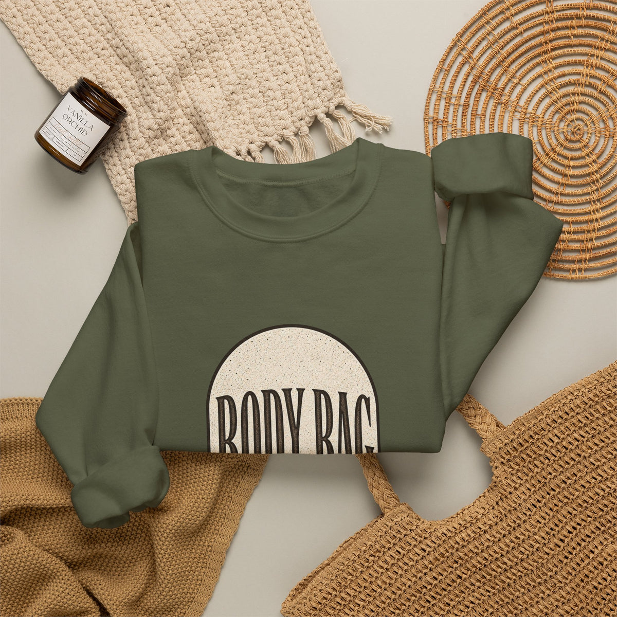 BODY BAG It's a Shot, Not a Threat Sweatshirt - Military Green - Flat Lay