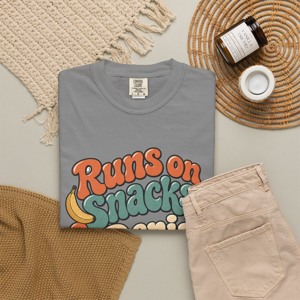 Runs on Snacks & Denial T-Shirt - Grey - Flat Lay