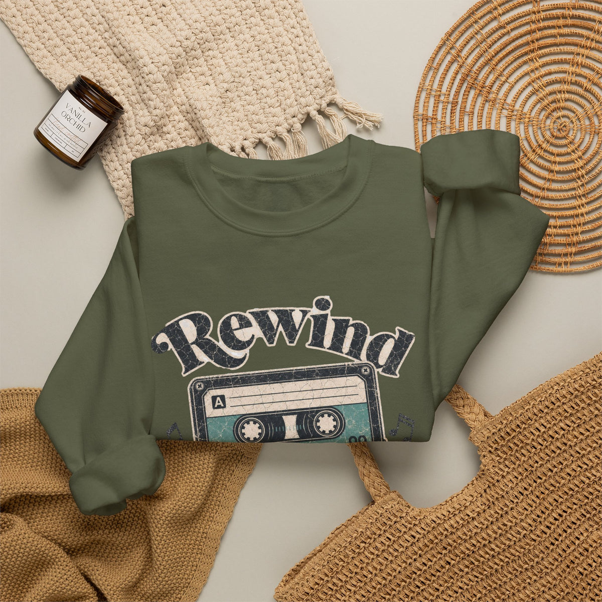 Retro Cassette Tape Sweatshirt - Military Green - Flat Lay