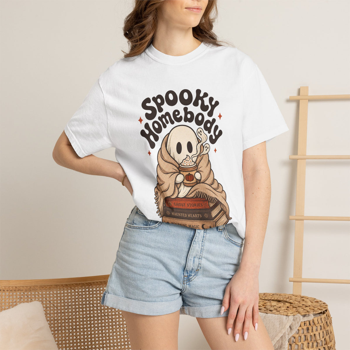 Spooky Homebody Ghost  T-Shirt - White - on model close-up