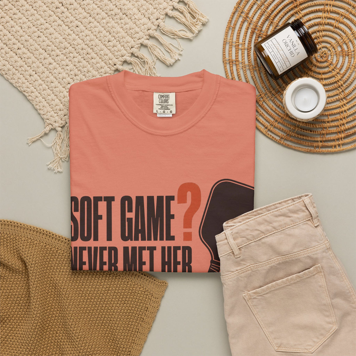 Soft Game? Never Met Her T-Shirt - Terracotta - Flat Lay