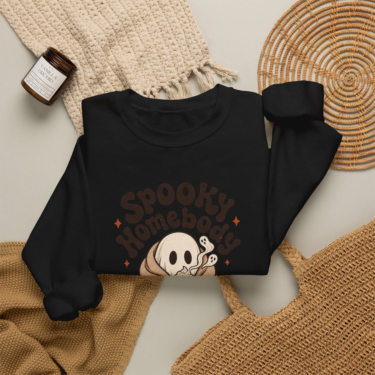 Spooky Homebody Ghost Sweatshirt - Black - flat lay