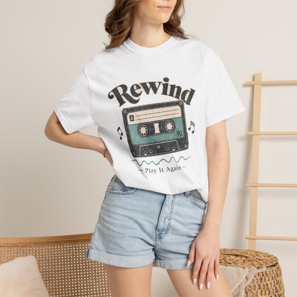 Retro Cassette Tape T-shirt - White - On Model Close-Up