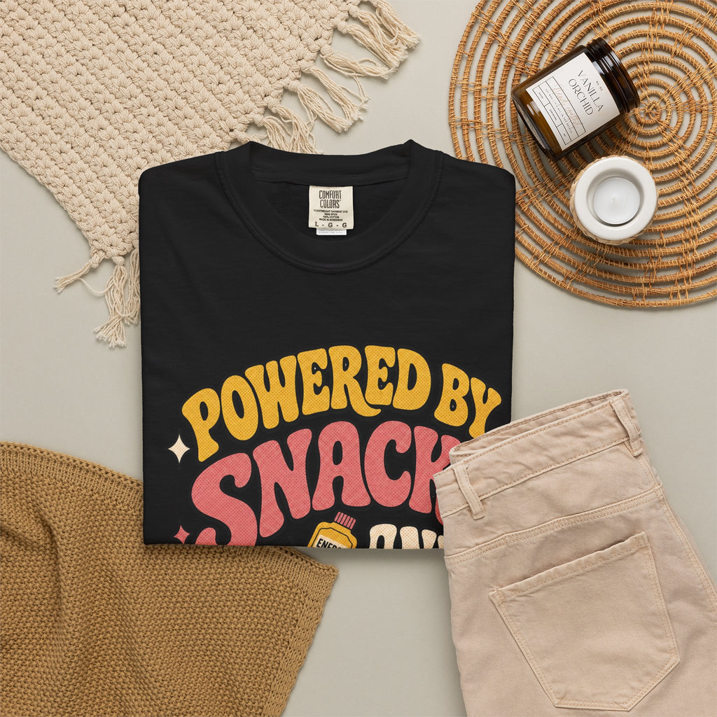 Powered by Snacks and Spite T-shirt - Black - Flat Lay