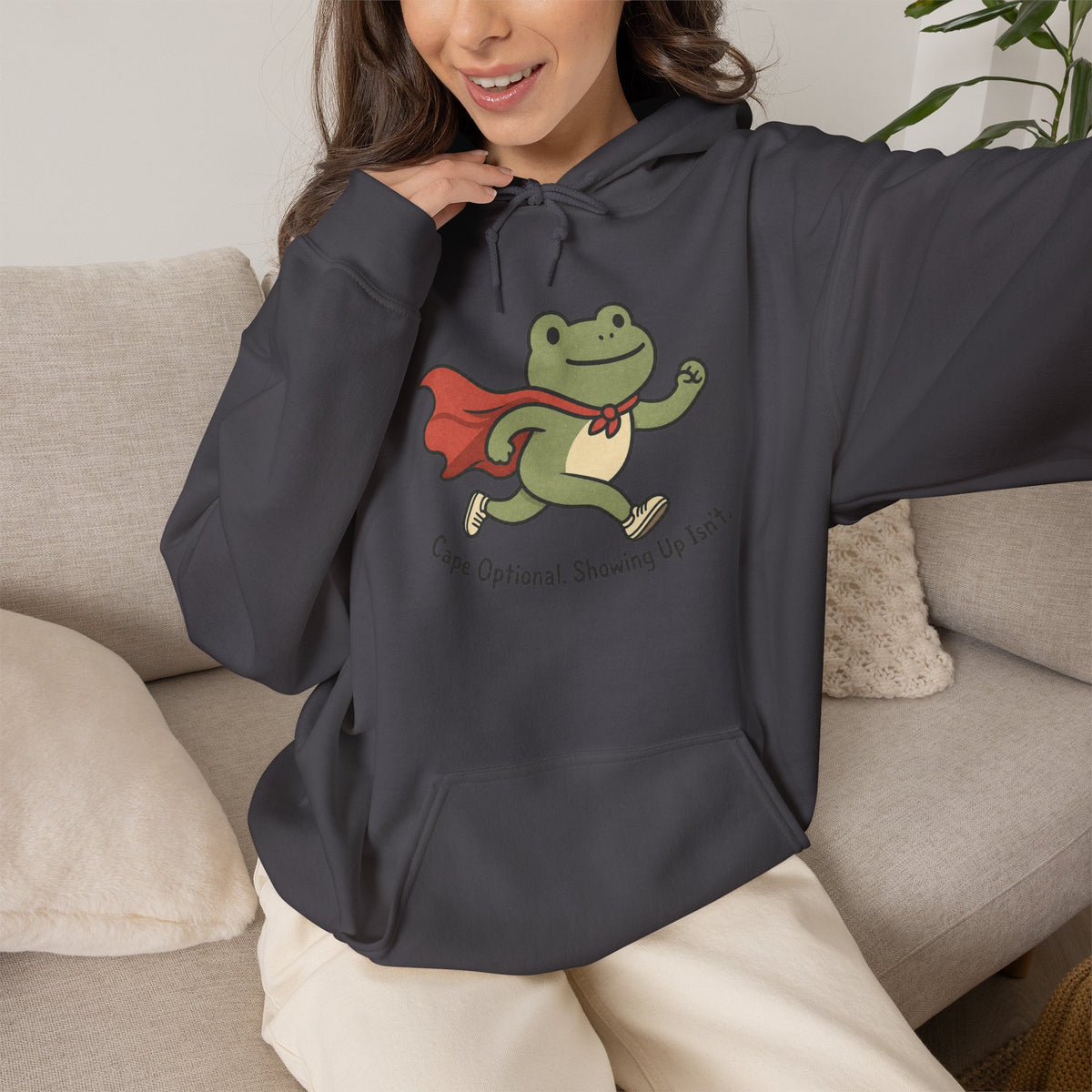 Superhero Frog running Hoodie - Charcoal - on model female