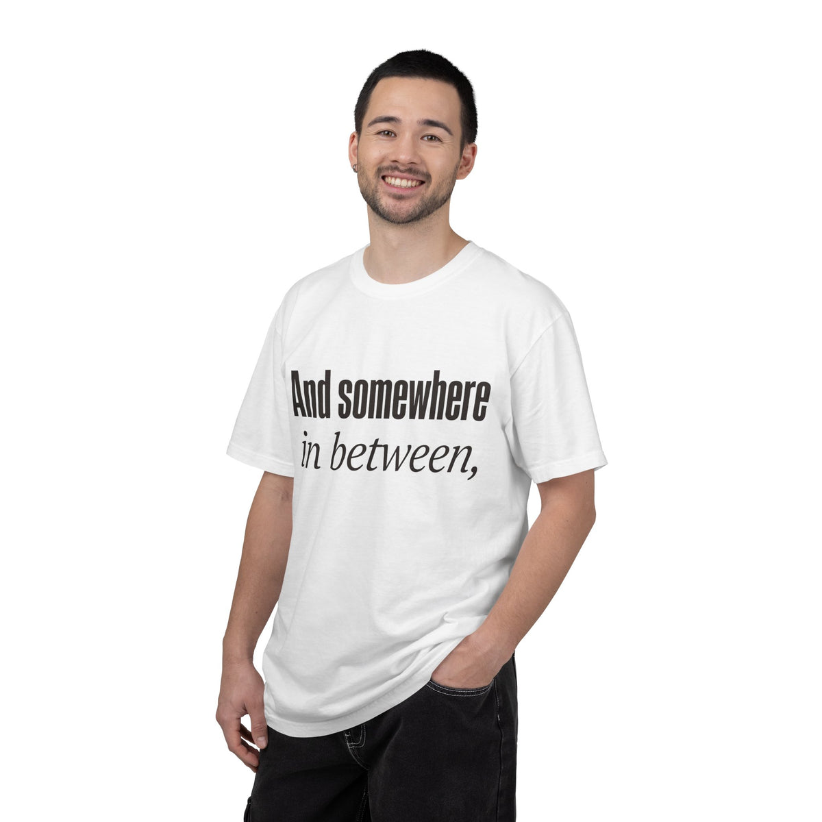 And Somewhere In Between T-shirt - White - On Model Male