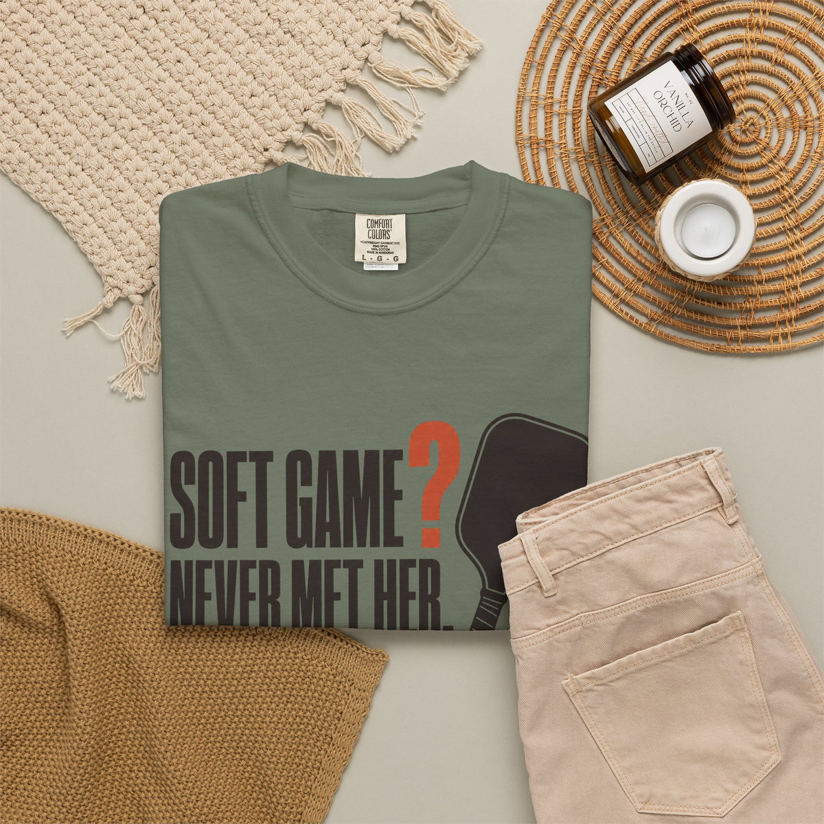 Soft Game? Never Met Her T-Shirt - Moss - Flat Lay